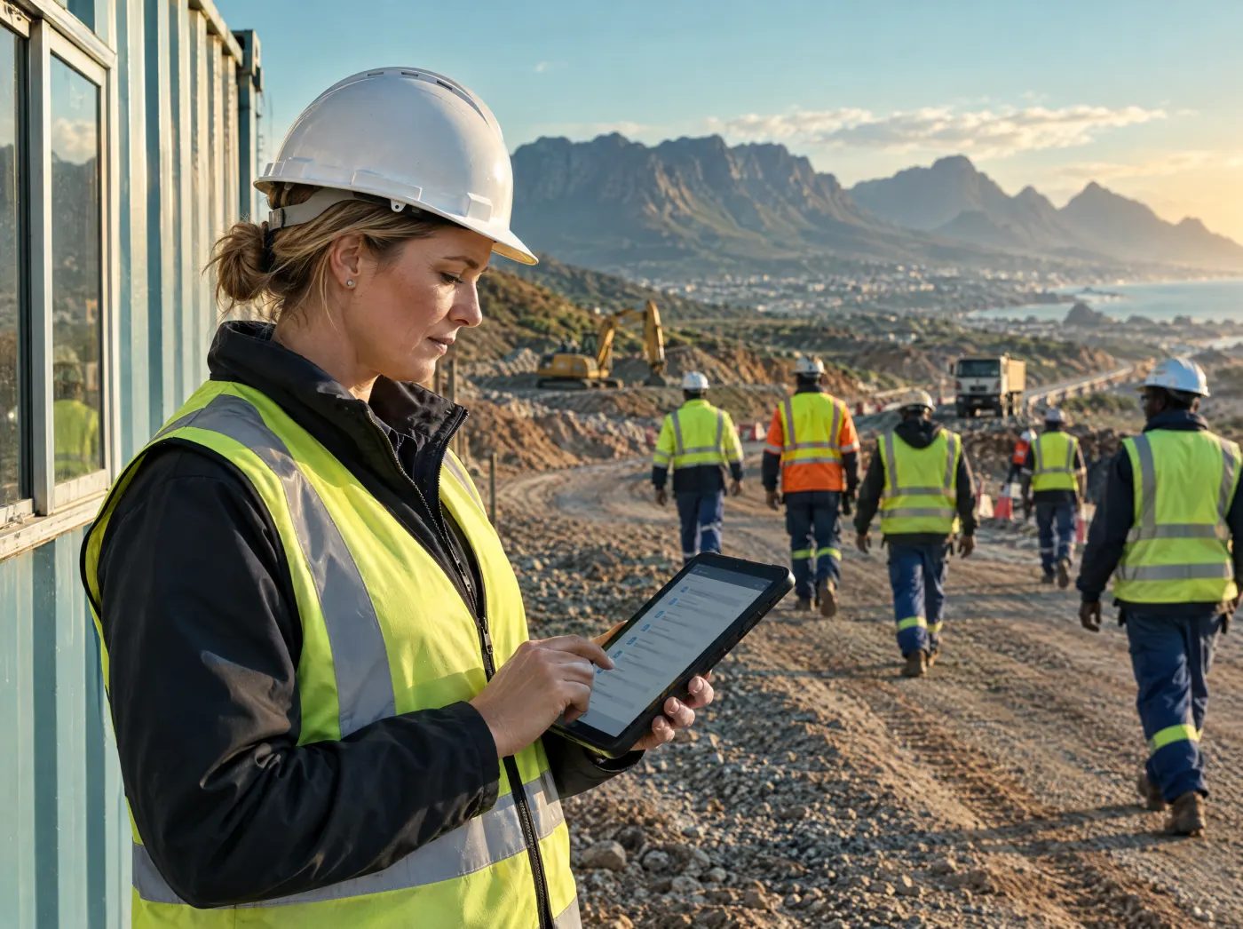 A site manager reviewing a crew's training on a tablet at a civil works project