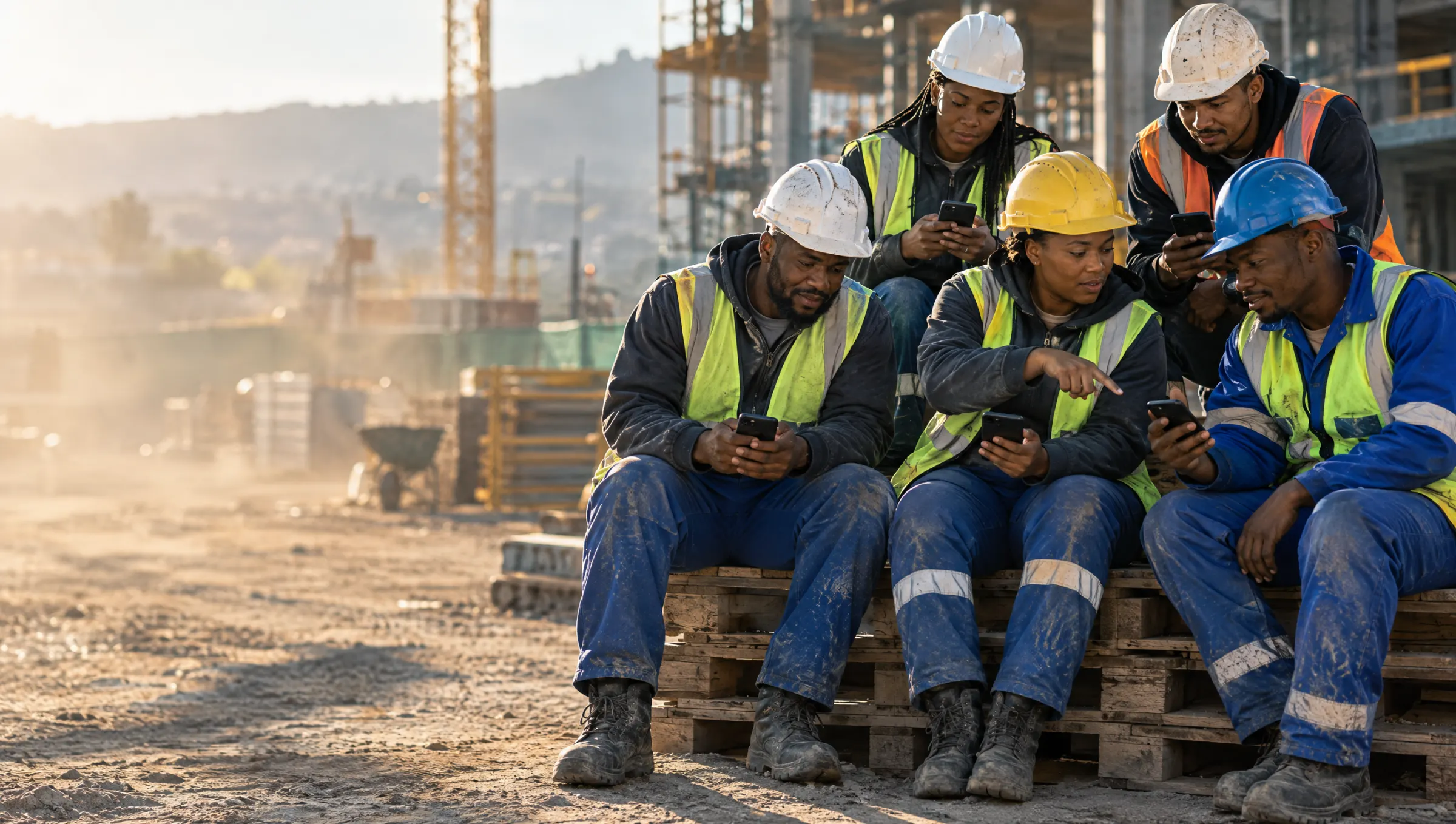 A crew in hard hats looking at their phones during a toolbox talk