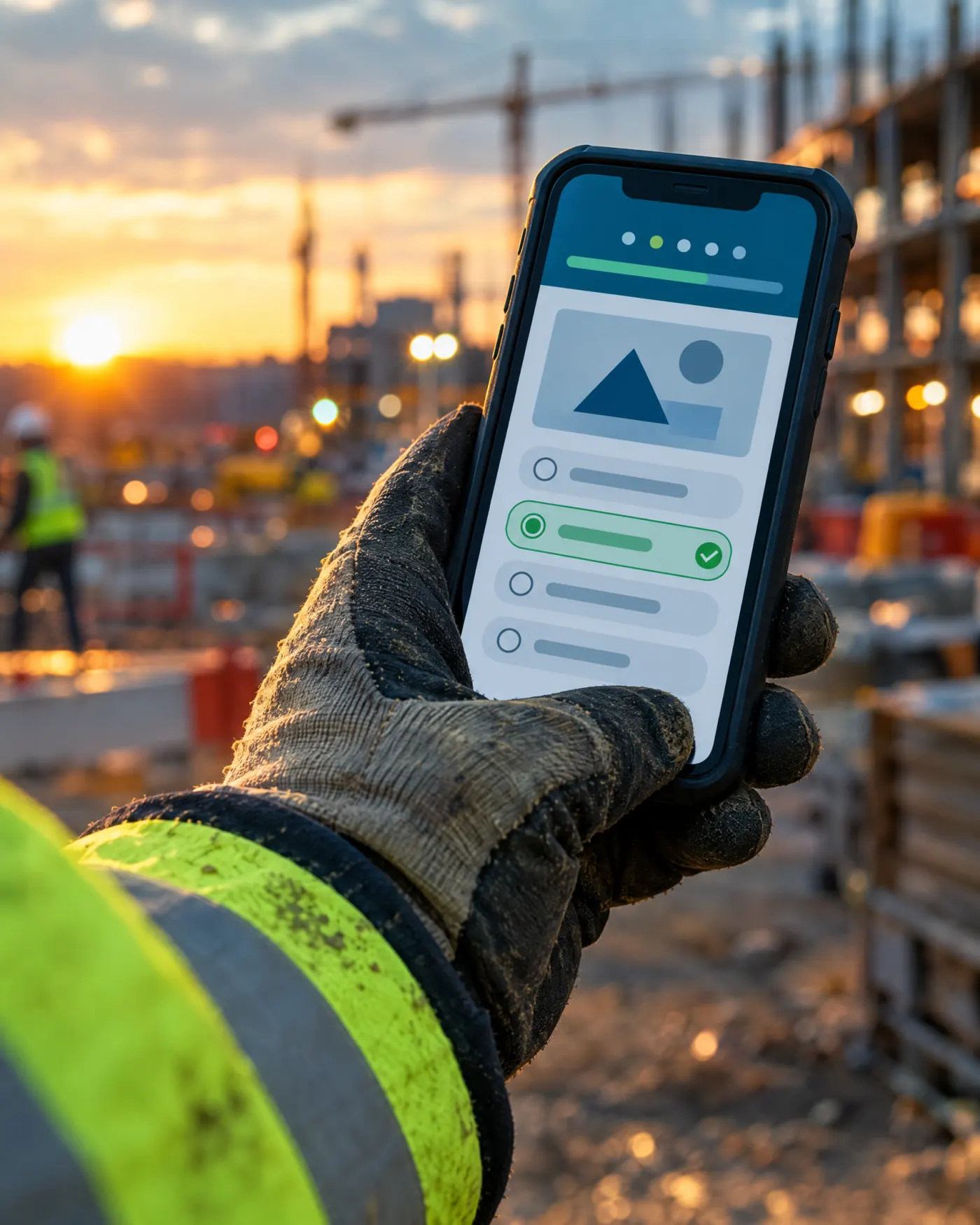 A worker's gloved hand holding a phone showing a course question